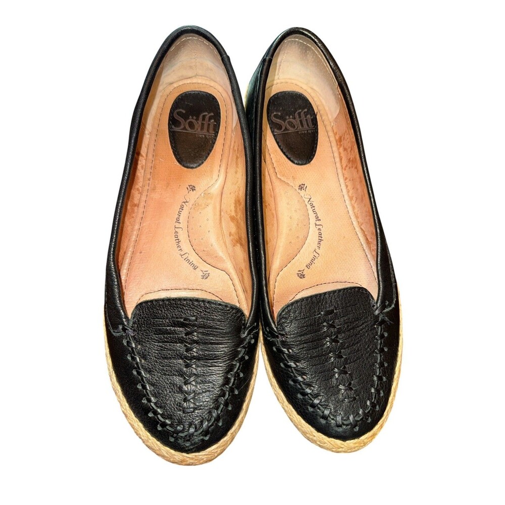 Sofft Malila Leather Espadrille Flat Black Woven Moc Toe Comfort Chic Womens 7.5